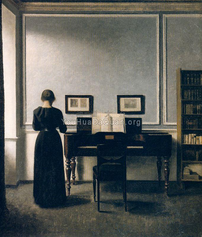 Interior With Piano and Woman in Black - Strandgade 30 - 威尔汉姆·哈莫修依